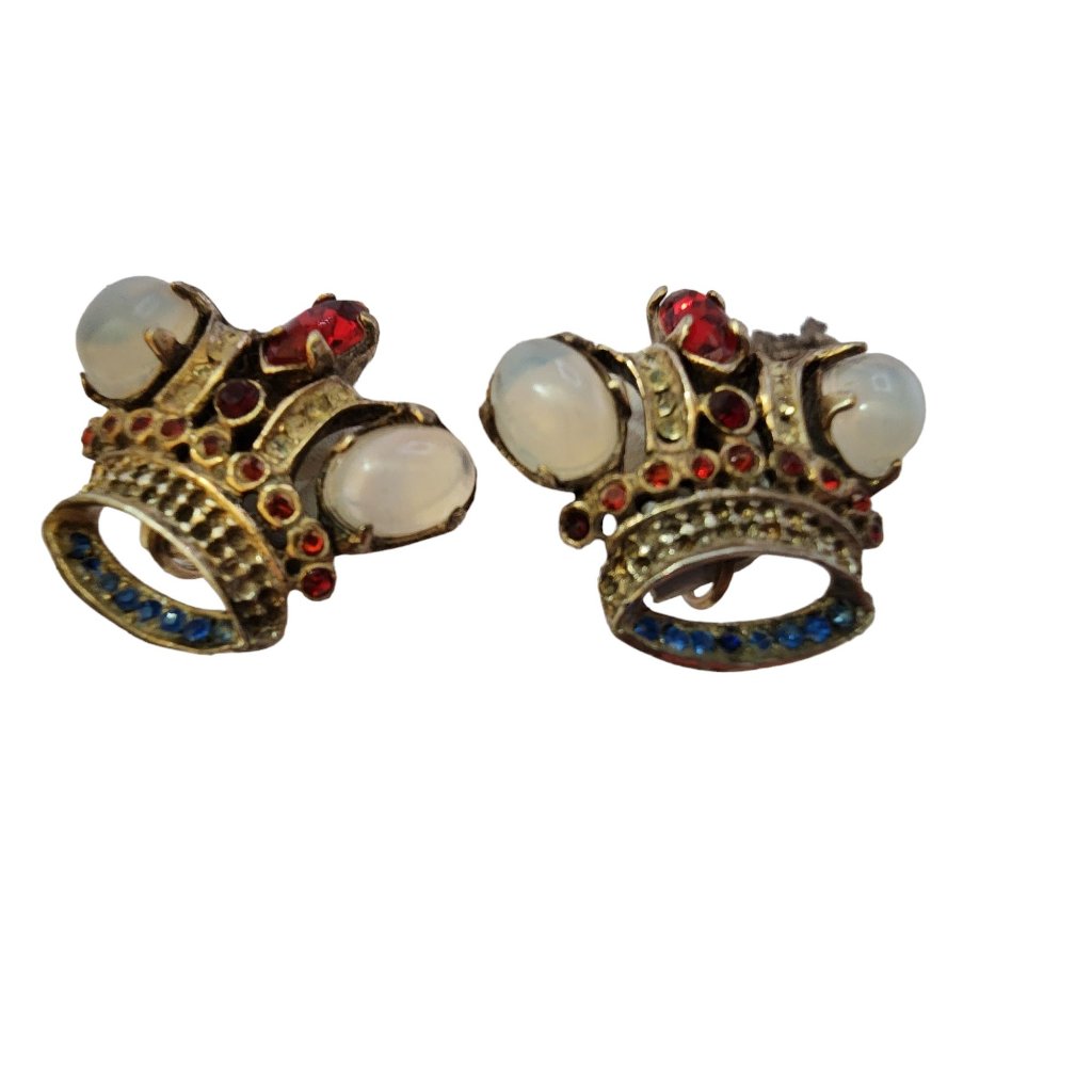 Vintage Sterling Rhinestone Moonstone Crown Earrings (A3669)